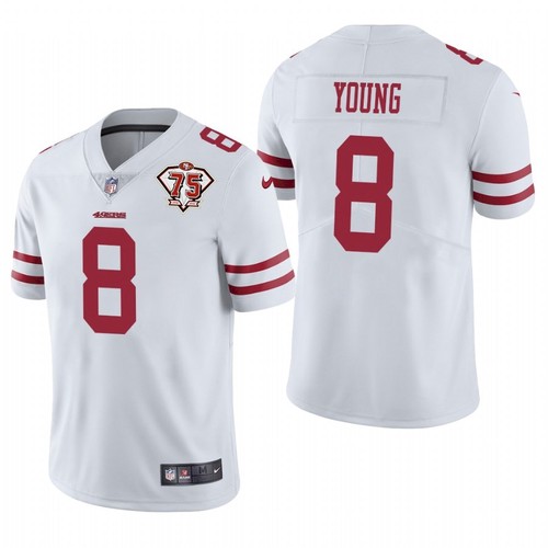 Men's San Francisco 49ers #8 Steve Young 2021 White NFL 75th Anniversary Vapor Untouchable Stitched Jersey Men's San Francisco 49ers #8 Steve Young 2021 White NFL 75th Anniversary Vapor Untouchable Stitched Jersey